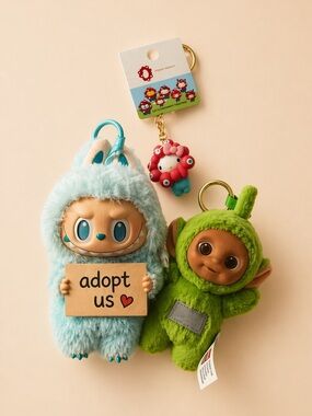 Labubu Plush Keychain Bundle 💖 Blue Labubu + Green Teletubby + Hello Kitty Charm